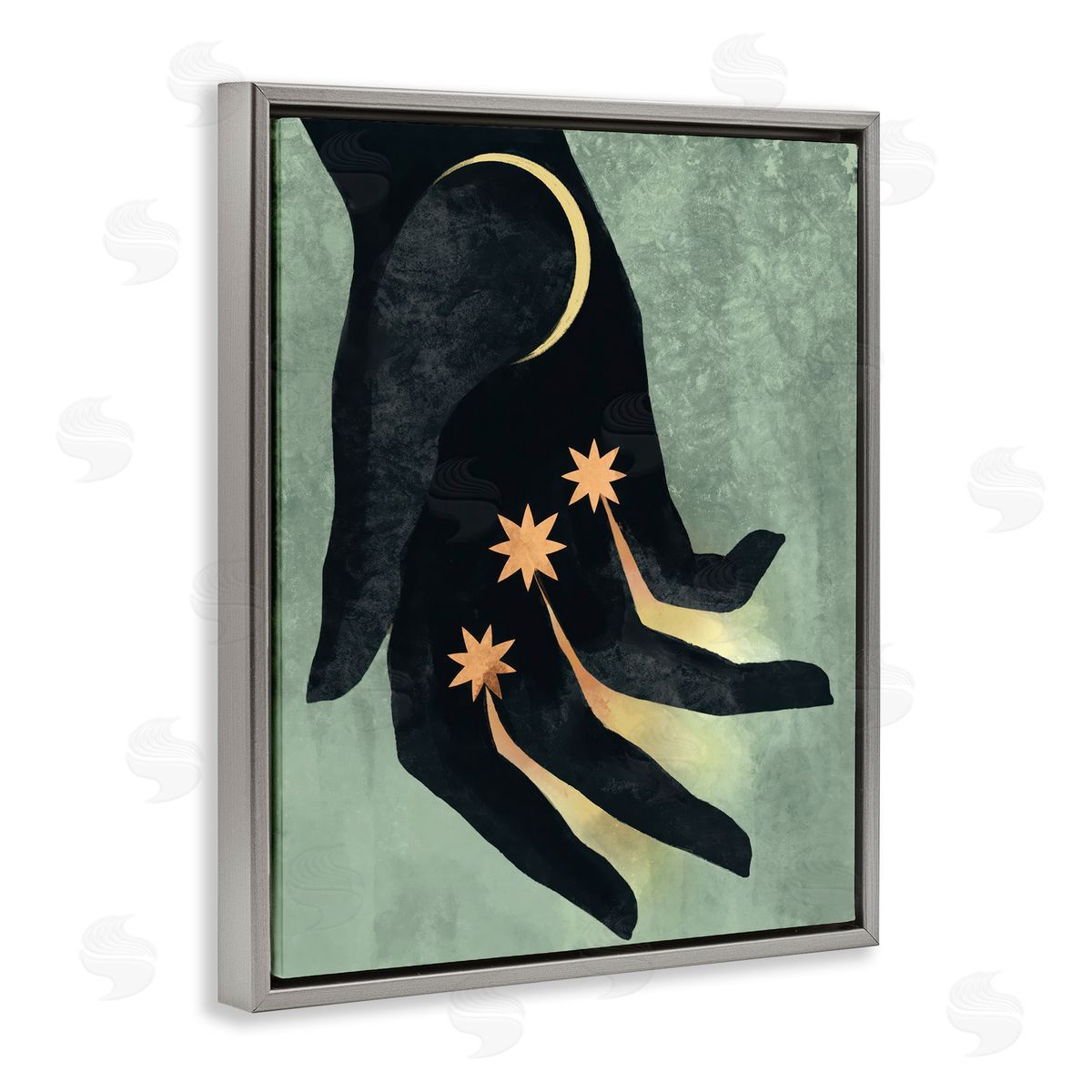 Stupell Studio Moon & Stars Hand Gray Floating Frame Canvas Wall Art Print
