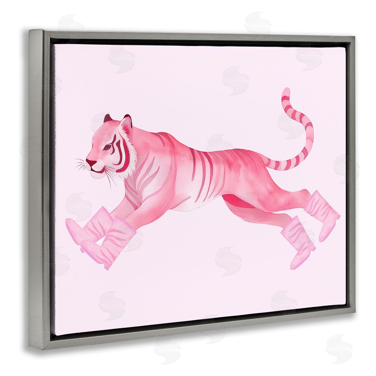 Stupell Studio Running Tiger in Boots Gray Floating Frame Canvas Wall Art Print