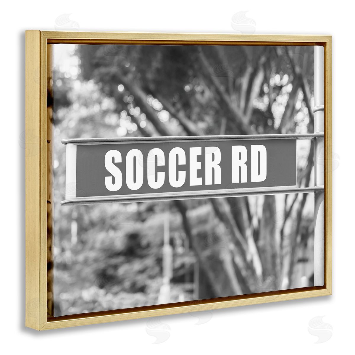 Stupell Studio Soccer Road Sign Gold Floating Frame Canvas Wall Art Print