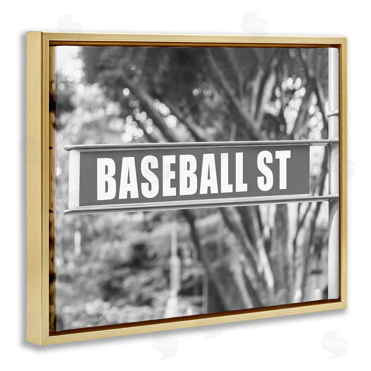 Stupell Studio Baseball Street Sign Gold Floating Frame Canvas Wall Art Print
