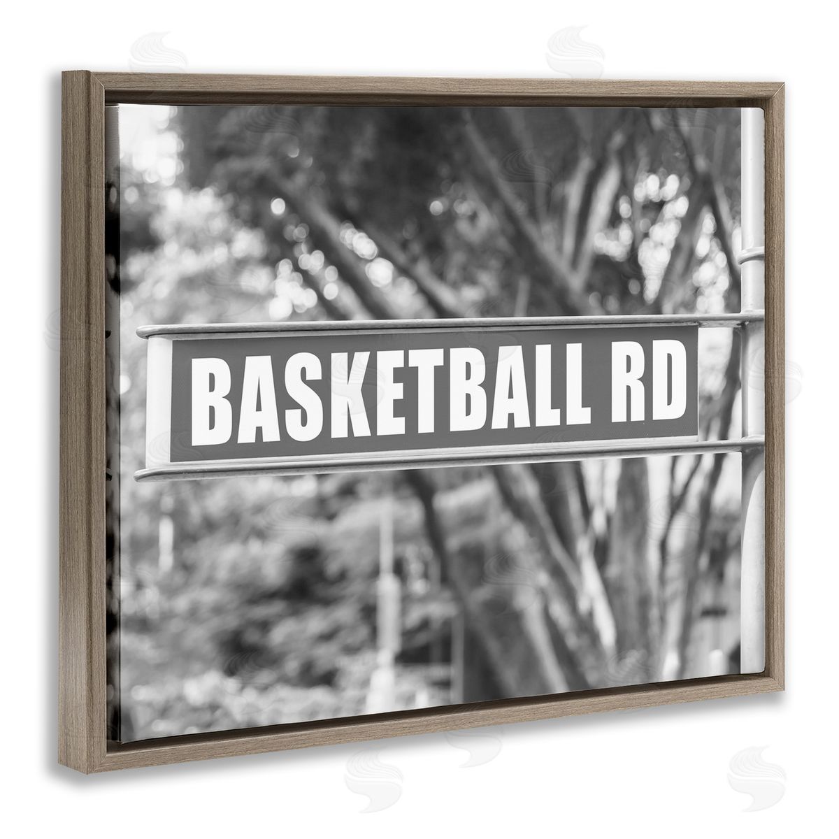 Stupell Studio Basketball Road Sign Brown Floating Frame Canvas Wall Art Print