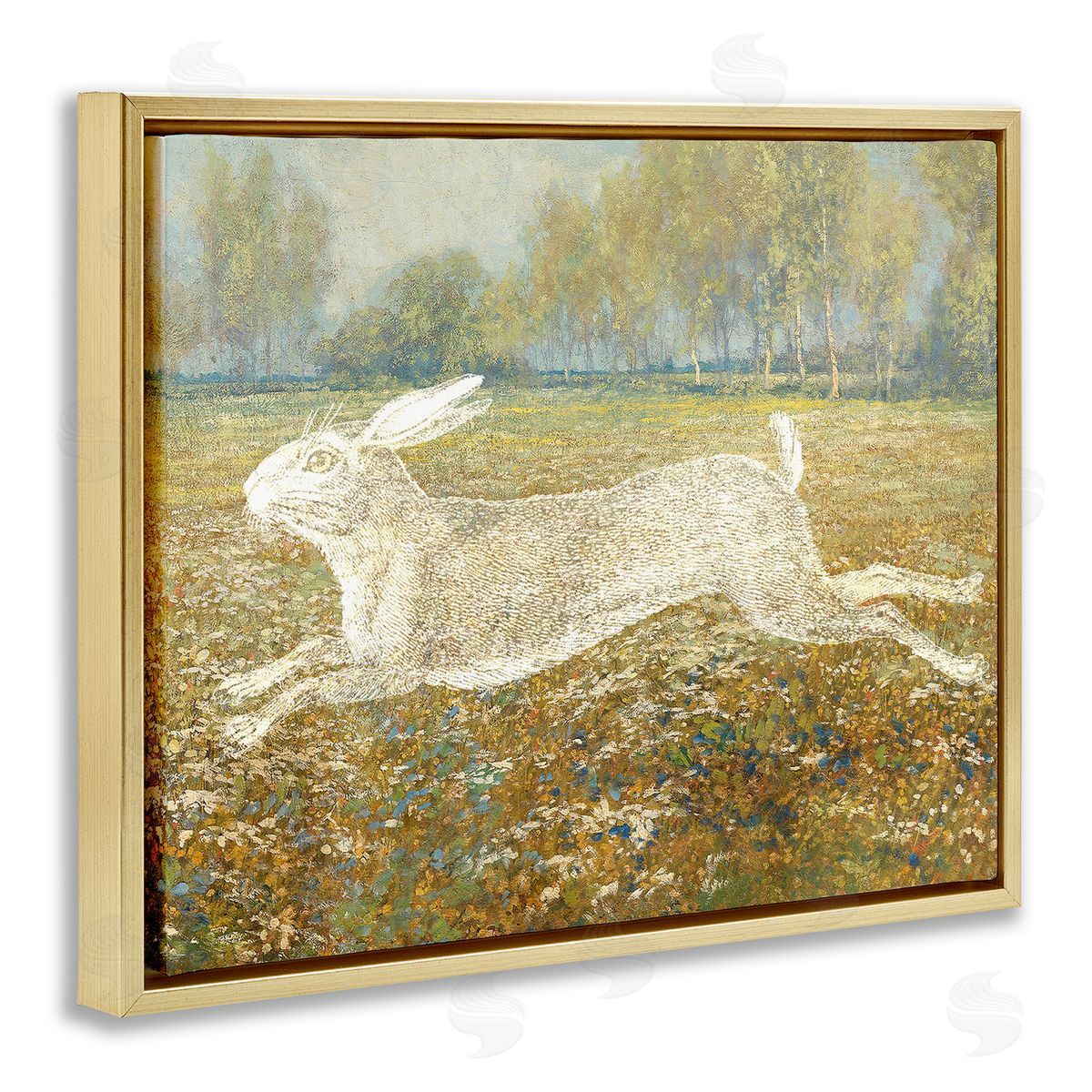 Stupell Studio Impressionist Jumping Hare Gold Floating Frame Canvas Wall Art Print