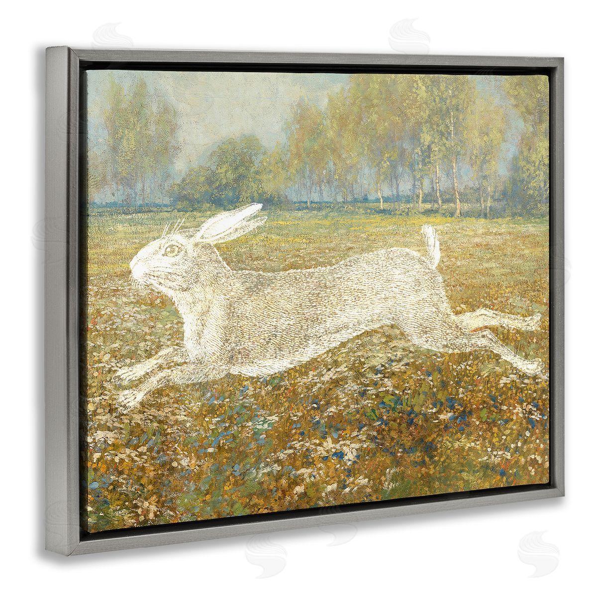Stupell Studio Impressionist Jumping Hare Gray Floating Frame Canvas Wall Art Print