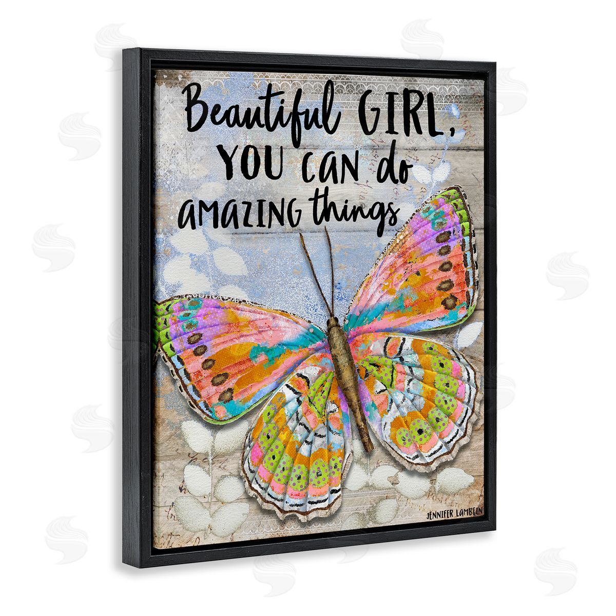 Jennifer Lambein Beautiful Girl & Butterfly Black Floating Frame Canvas Wall Art Print