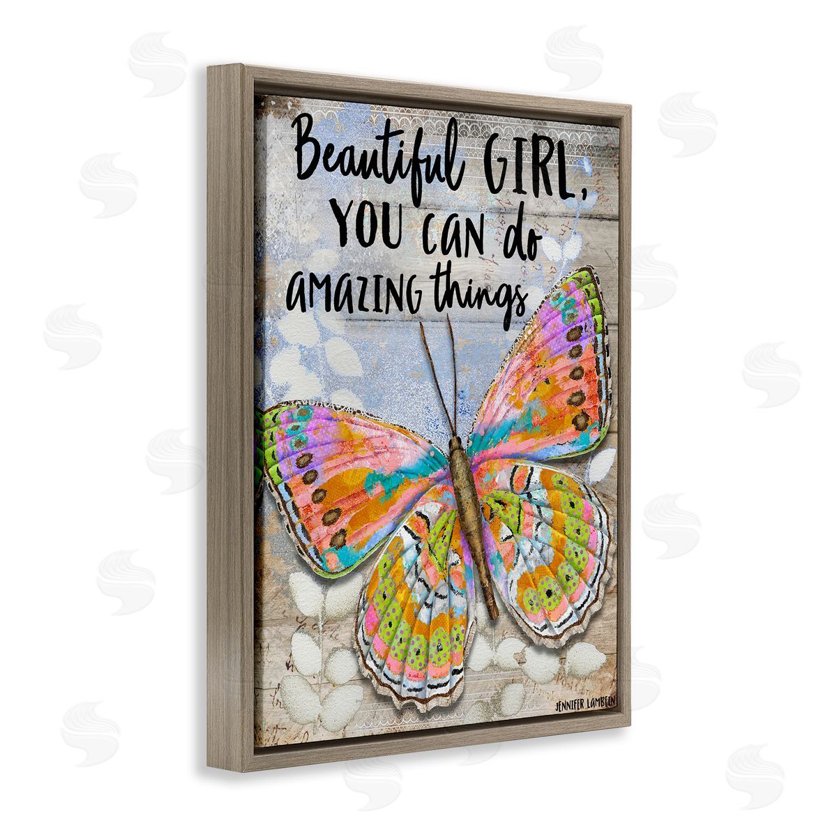 Jennifer Lambein Beautiful Girl & Butterfly Brown Floating Frame Canvas Wall Art Print