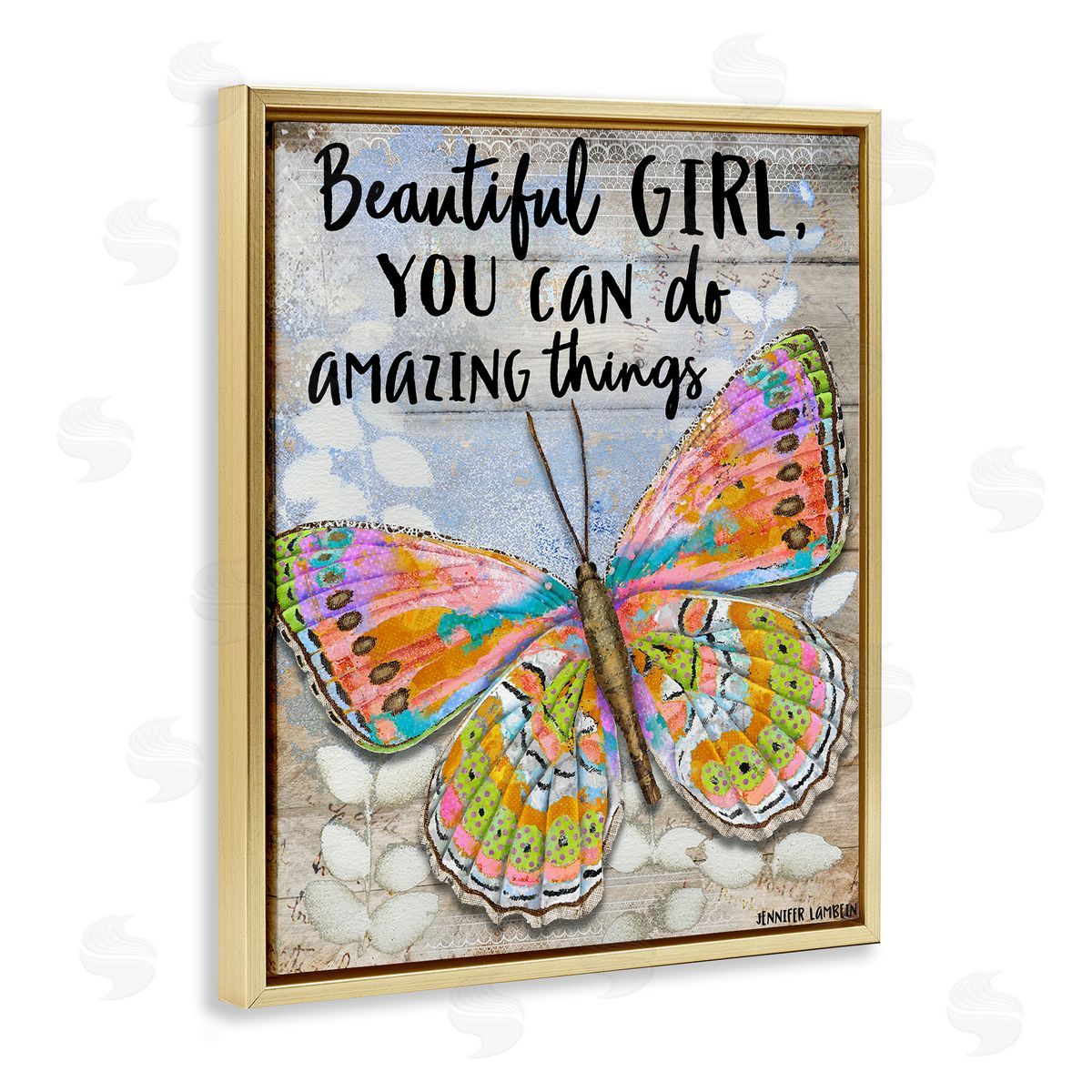 Jennifer Lambein Beautiful Girl & Butterfly Gold Floating Frame Canvas Wall Art Print