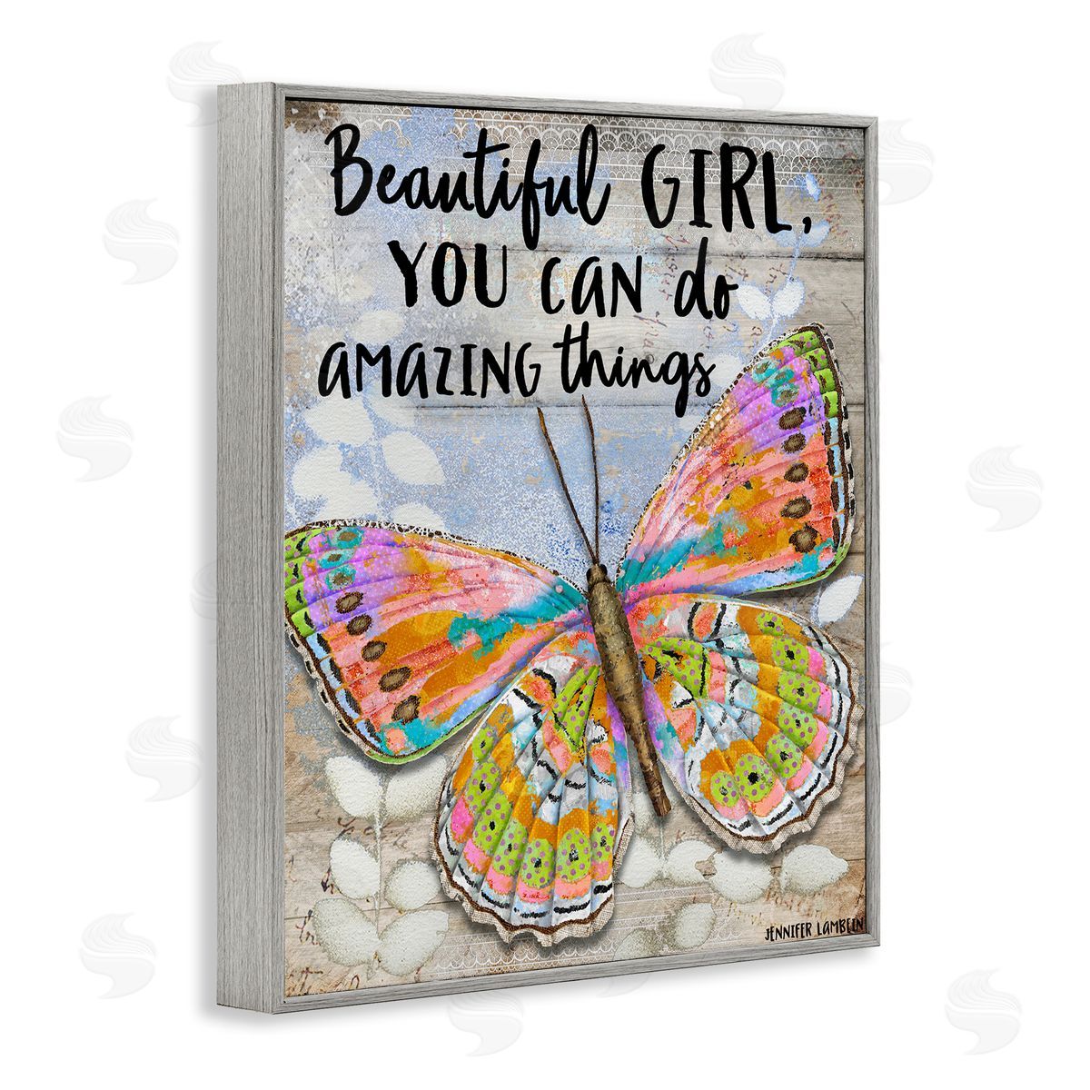 Jennifer Lambein Beautiful Girl & Butterfly Gray Framed Giclee Wall Art Print