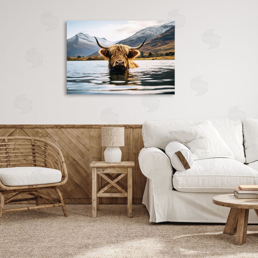 Raymond Powers Cattle Peeking from Water Canvas Wall Art Print in Room