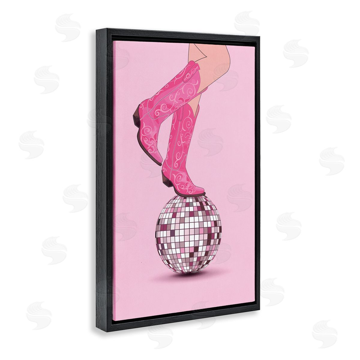 Nataly White Pink Cowgirl on Disco Ball Black Floating Frame Canvas Wall Art Print