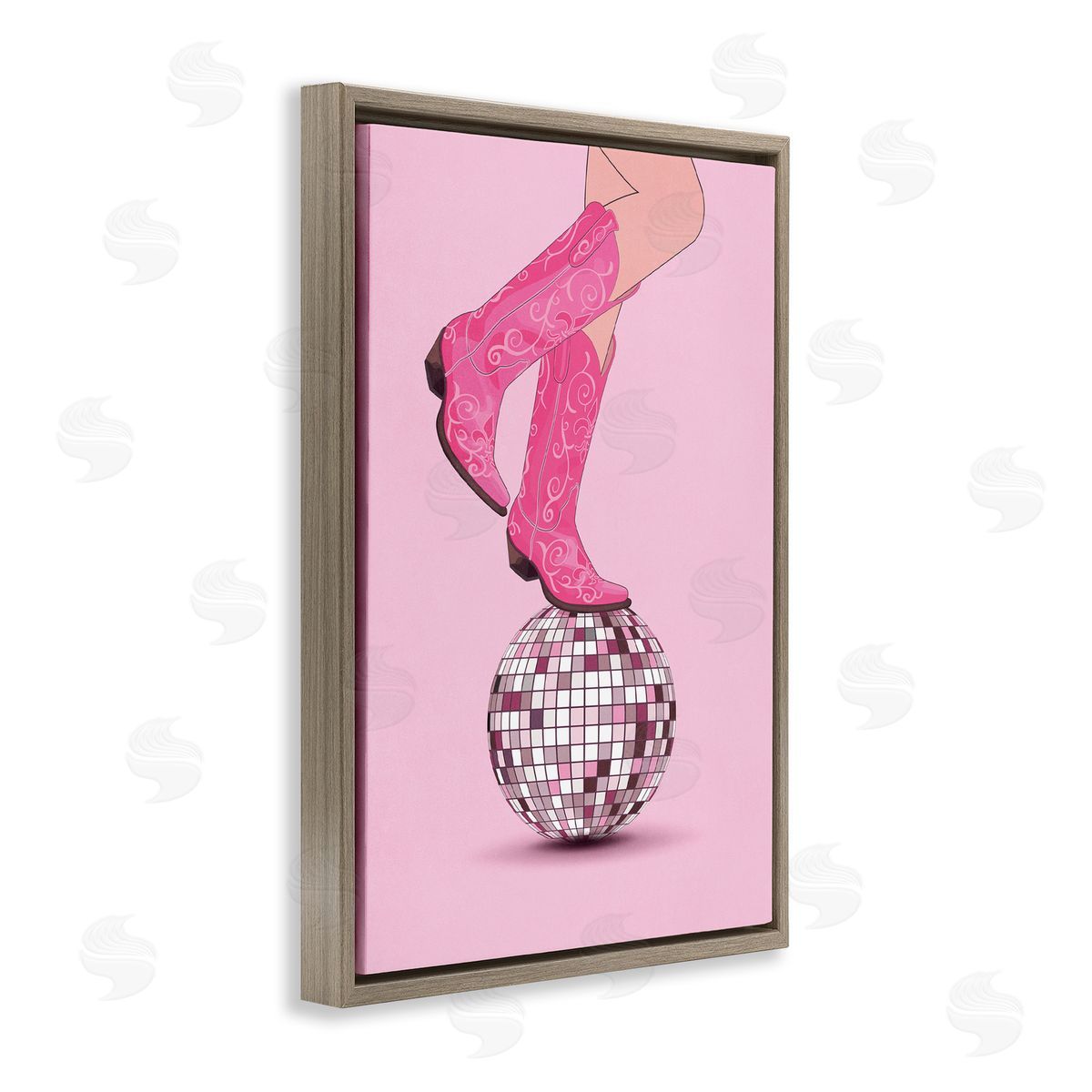 Nataly White Pink Cowgirl on Disco Ball Brown Floating Frame Canvas Wall Art Print