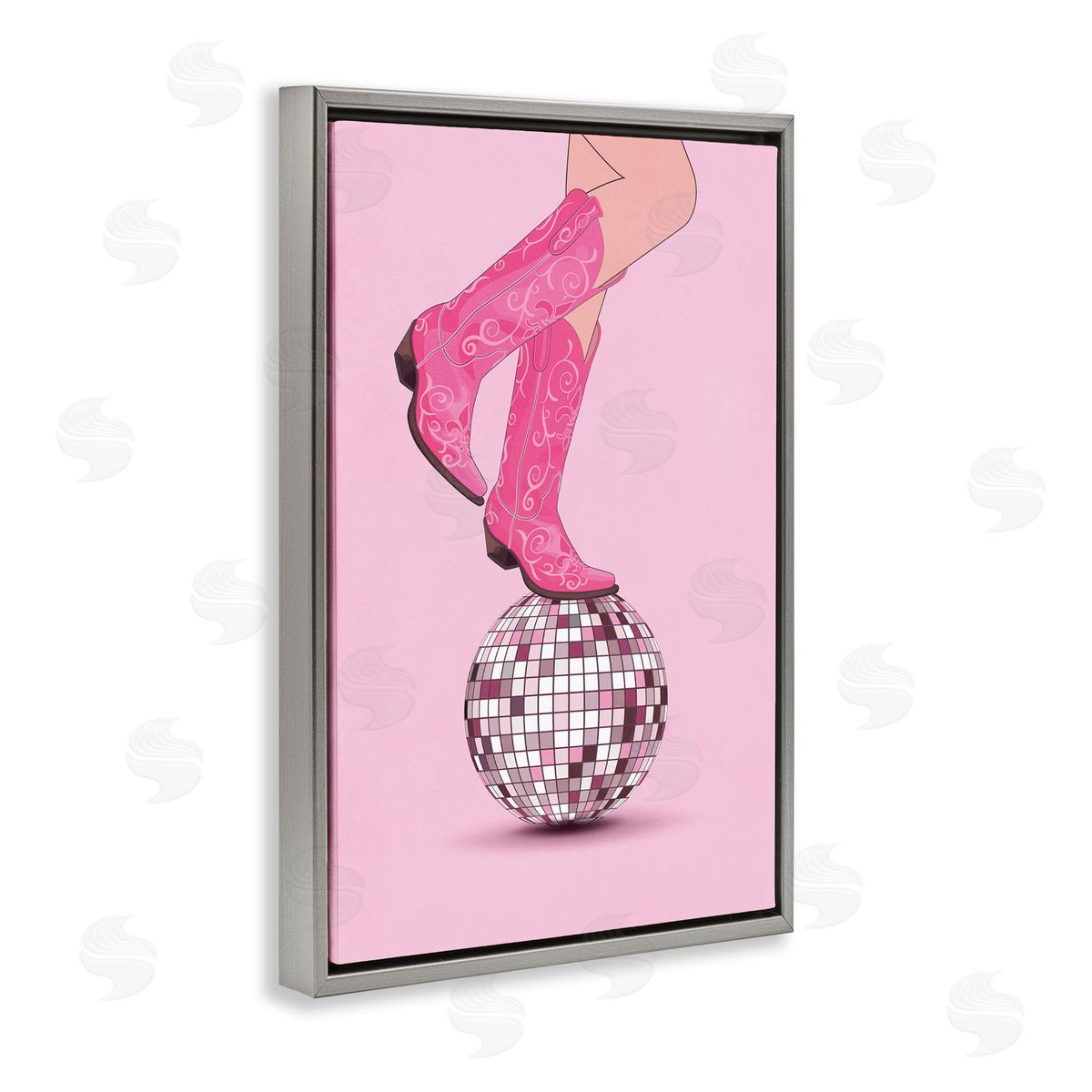 Nataly White Pink Cowgirl on Disco Ball Gray Floating Frame Canvas Wall Art Print