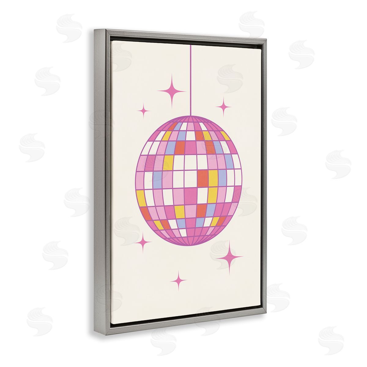 Nataly White Pastel Disco Ball Gray Floating Frame Canvas Wall Art Print