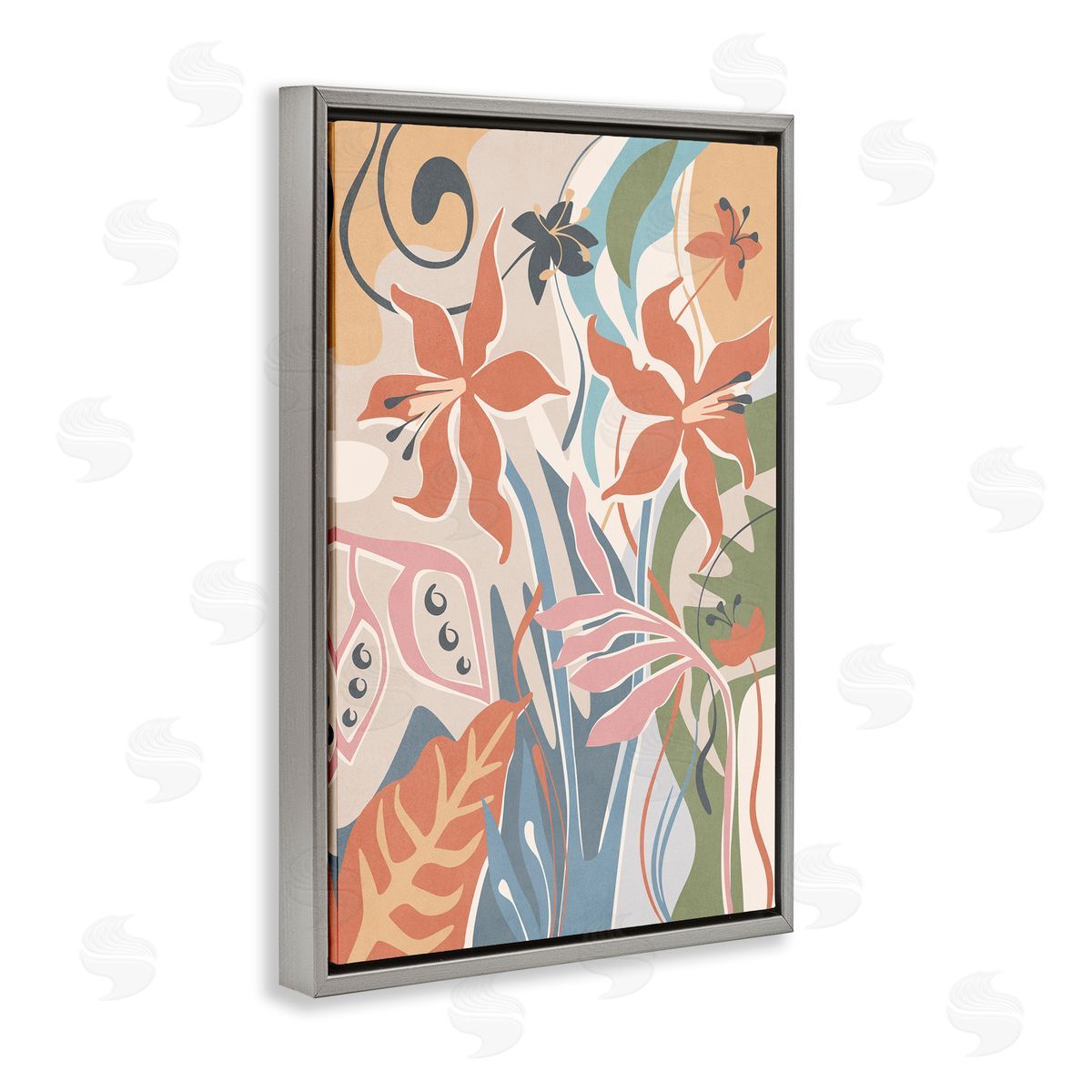 Nataly White Neutral Whimsy Florals Gray Floating Frame Canvas Wall Art Print