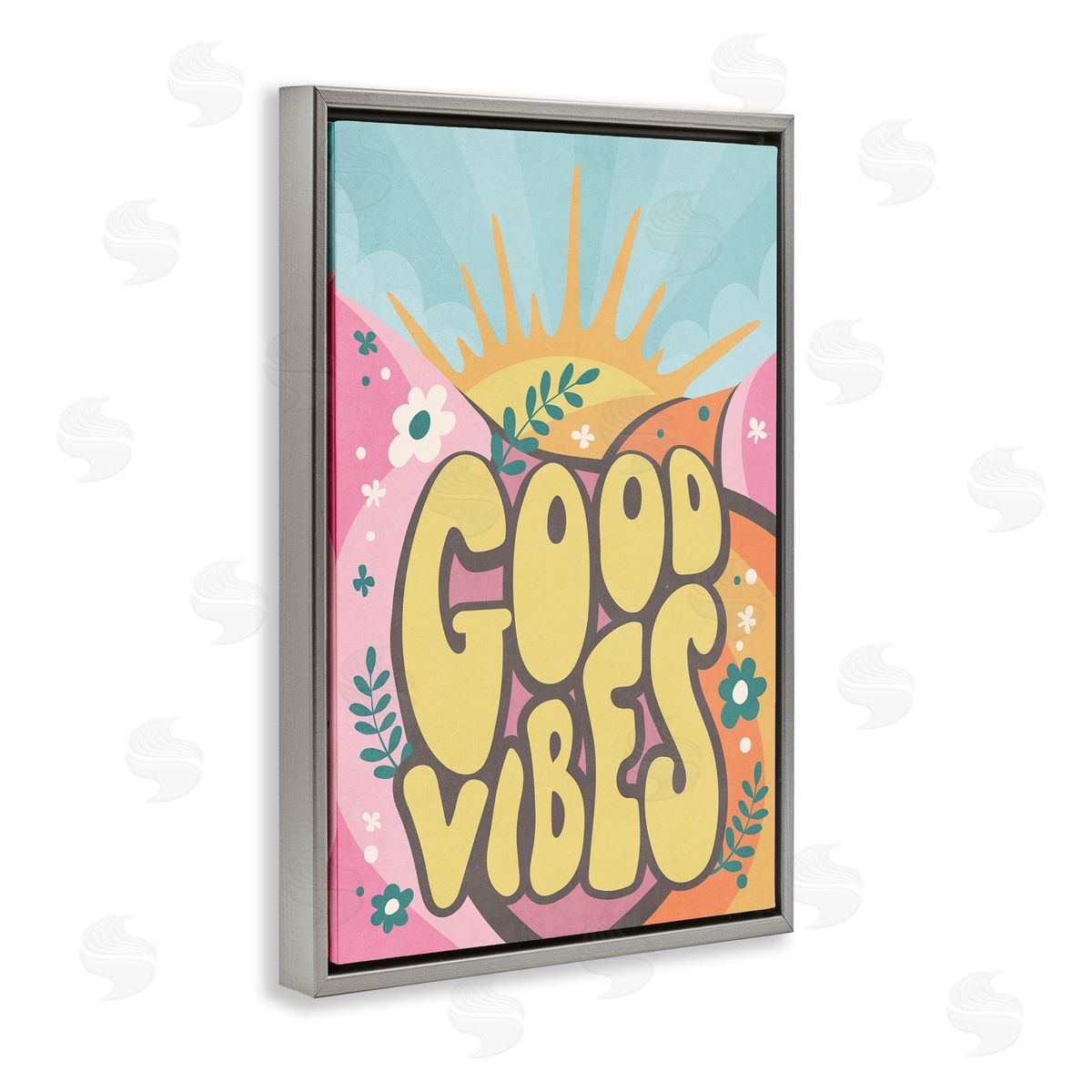 Nataly White Good Vibes Groovy Nature Gray Floating Frame Canvas Wall Art Print