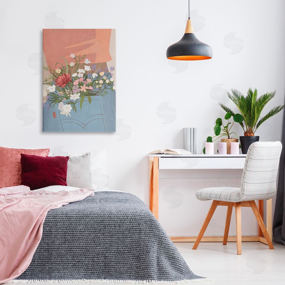 Nataly White Flowers in Jeans Pocket Canvas Wall Art Print in Room