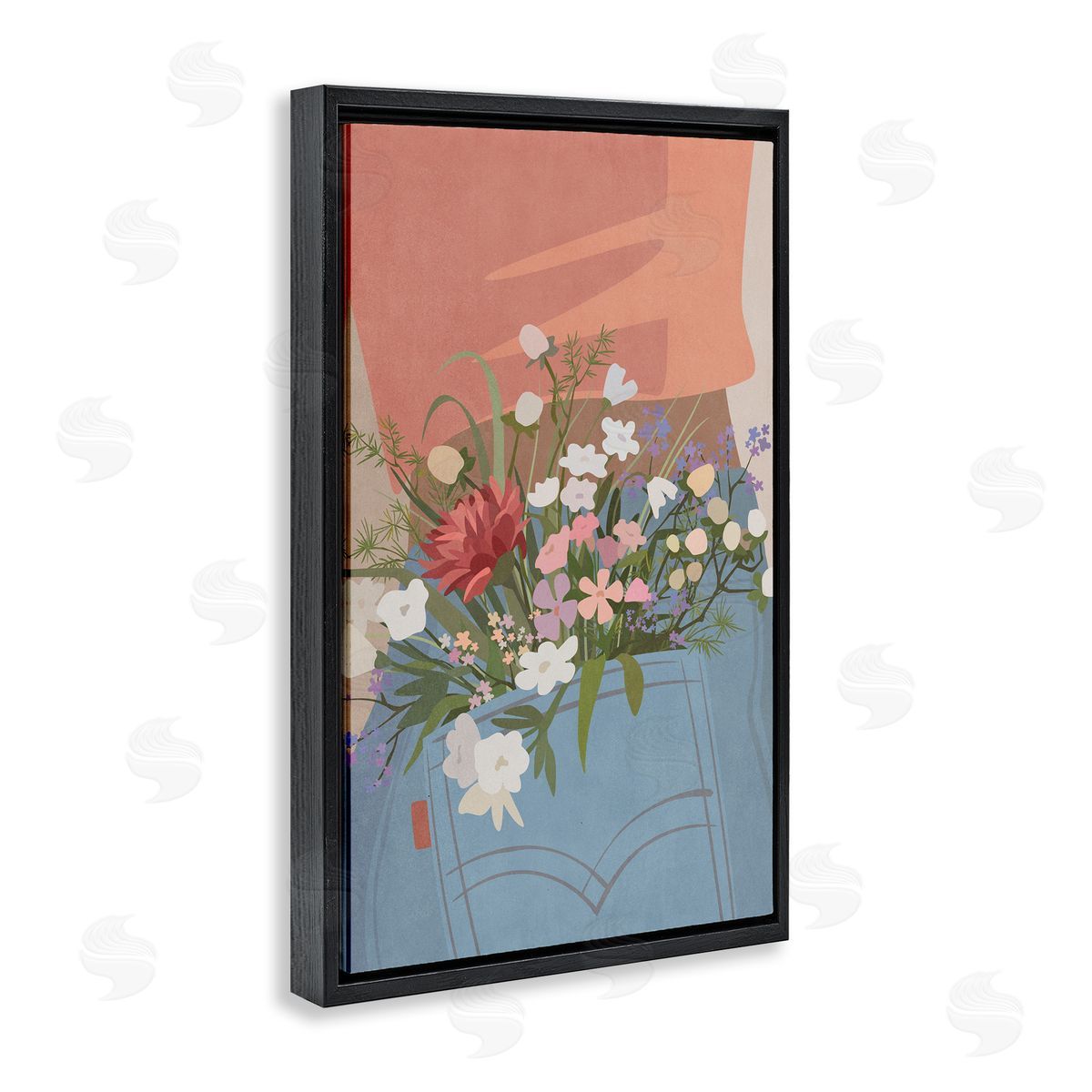 Nataly White Flowers in Jeans Pocket Black Floating Frame Canvas Wall Art Print