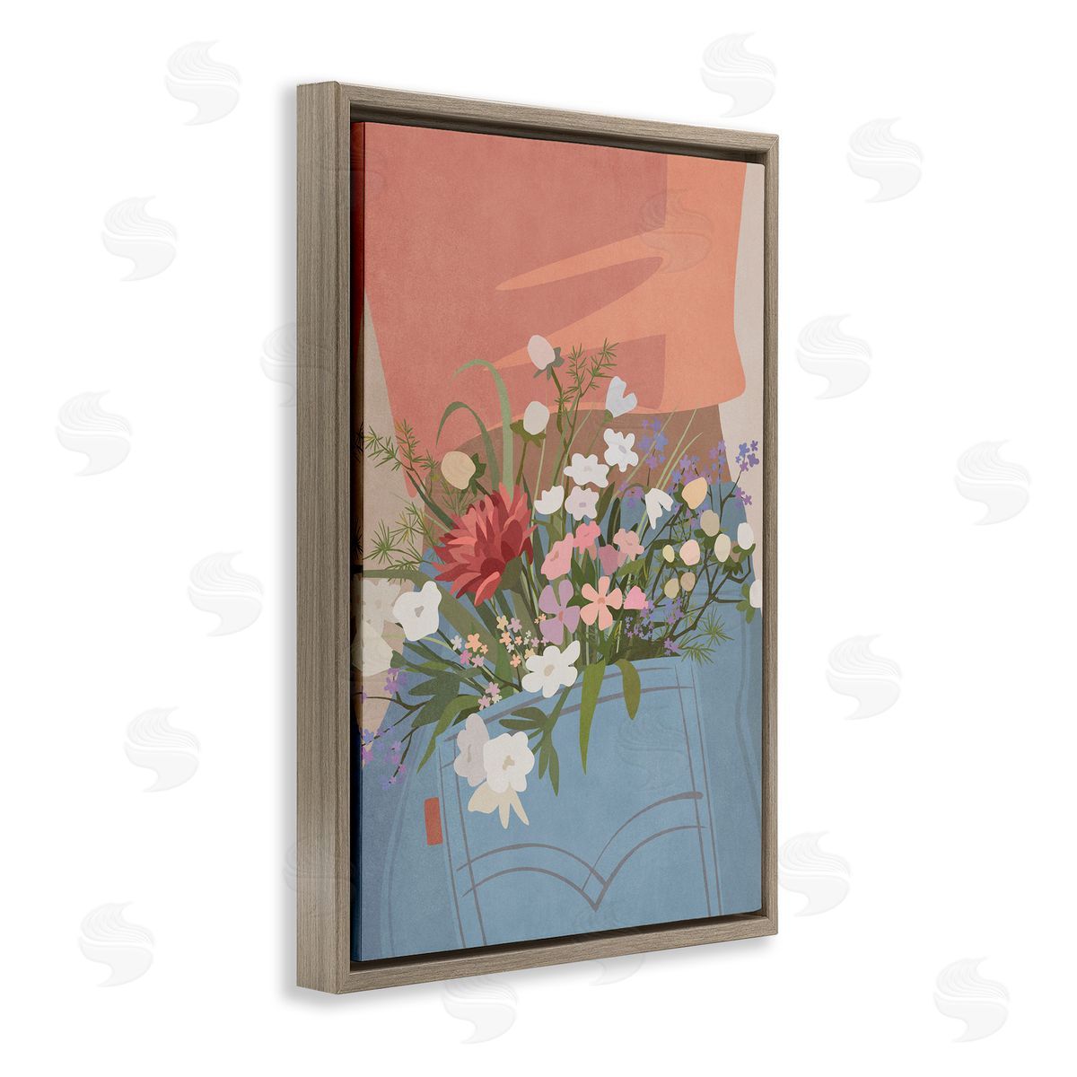 Nataly White Flowers in Jeans Pocket Brown Floating Frame Canvas Wall Art Print