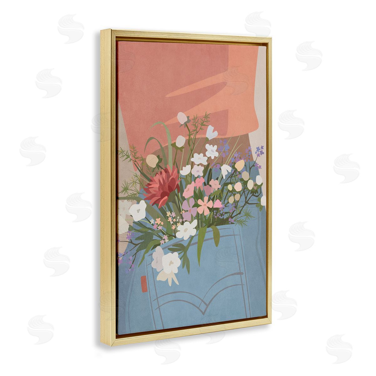 Nataly White Flowers in Jeans Pocket Gold Floating Frame Canvas Wall Art Print