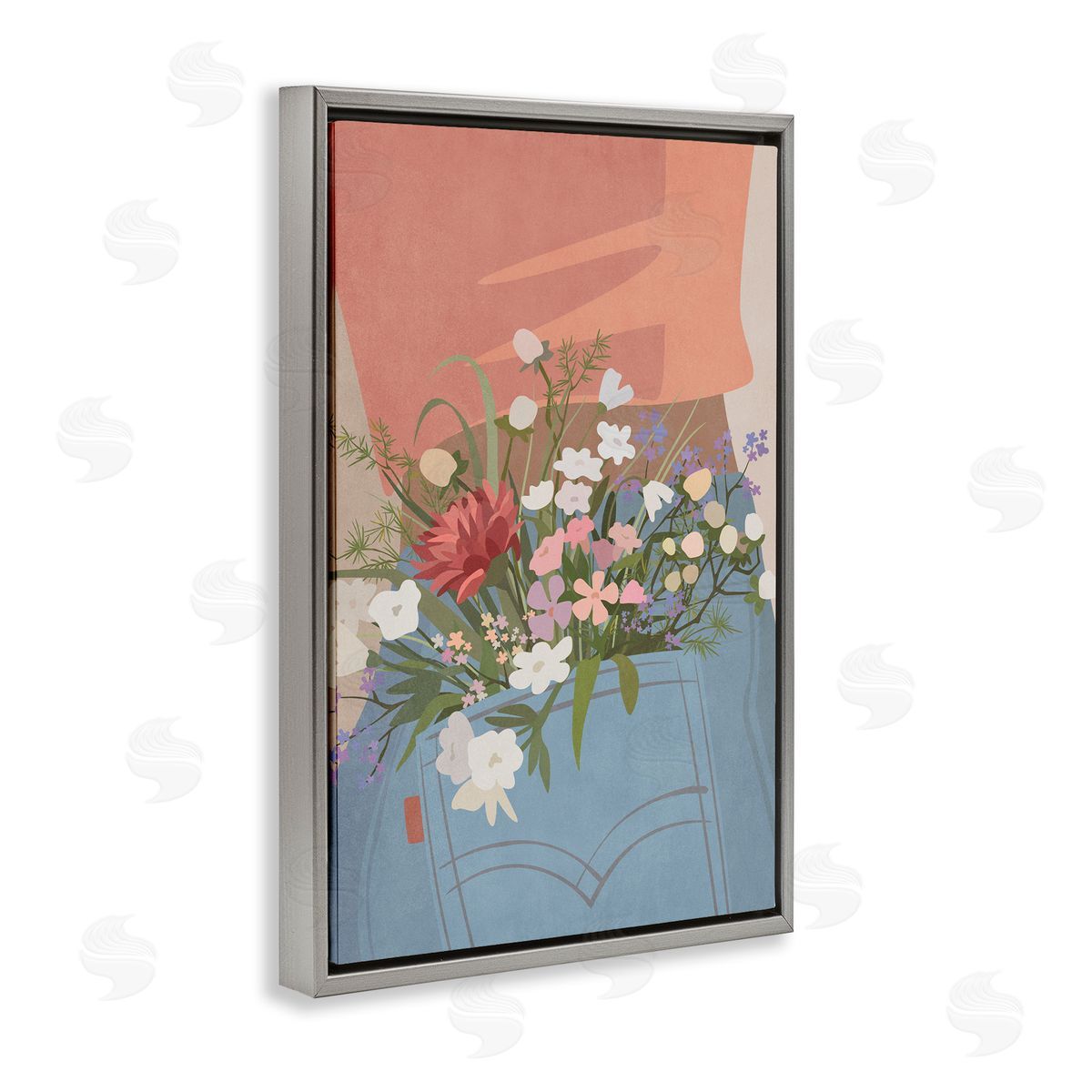 Nataly White Flowers in Jeans Pocket Gray Floating Frame Canvas Wall Art Print