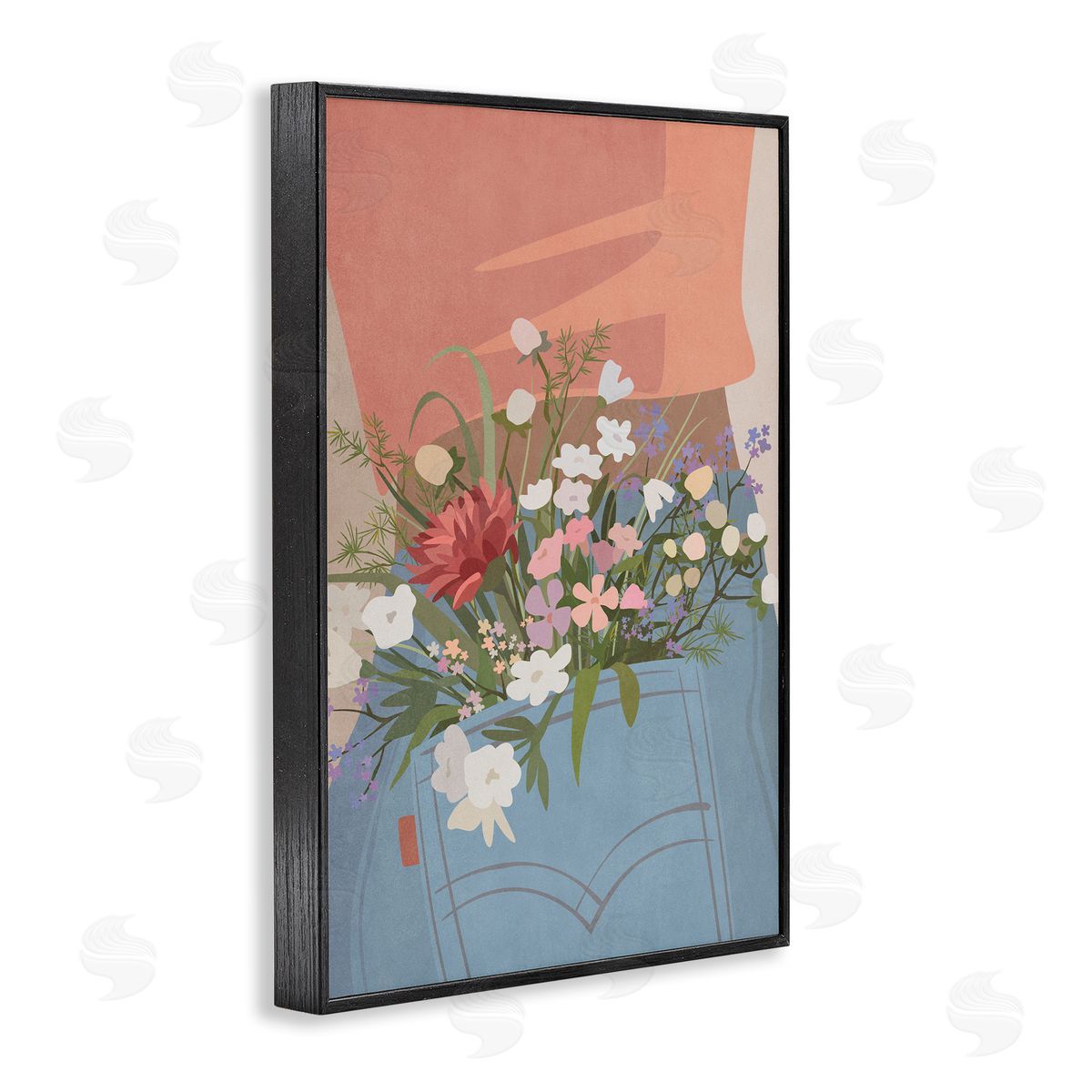 Nataly White Flowers in Jeans Pocket Black Framed Giclee Wall Art Print