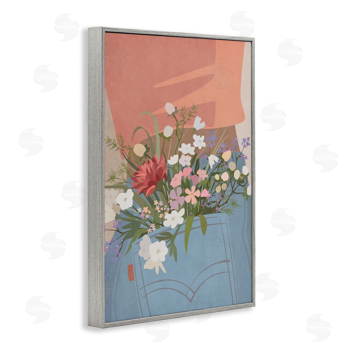 Nataly White Flowers in Jeans Pocket Gray Framed Giclee Wall Art Print