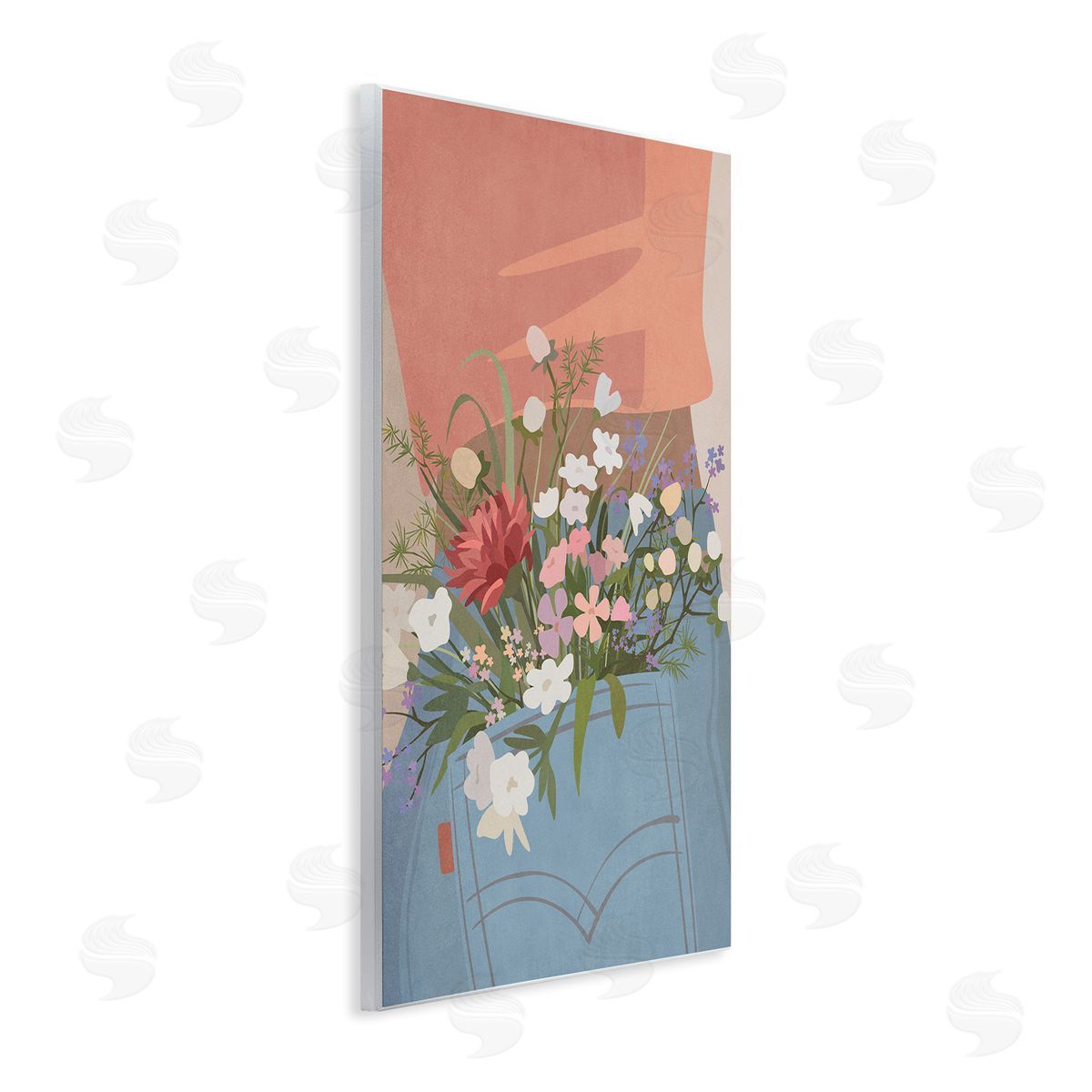 Nataly White Flowers in Jeans Pocket Wooden Wall Plaque Art Print
