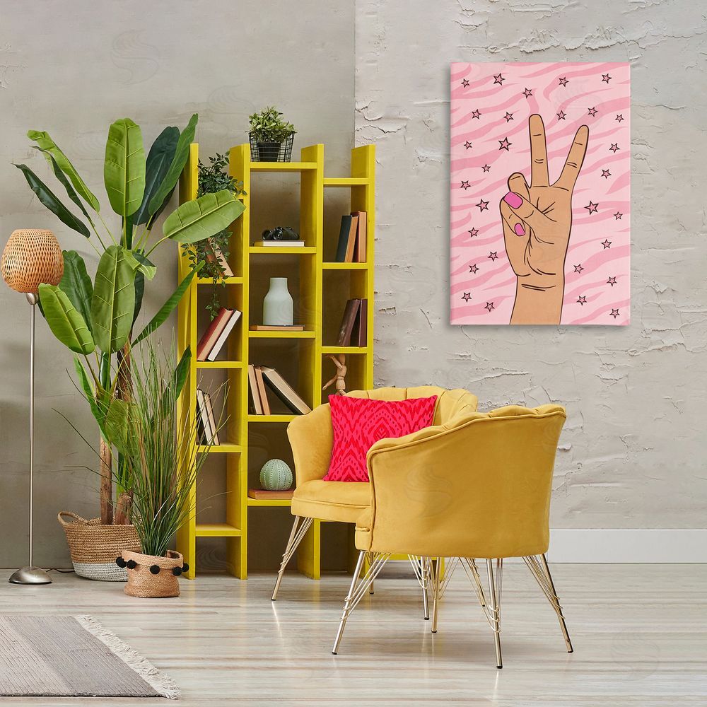 Nataly White Peace Hand & Stars Pattern Canvas Wall Art Print in Room