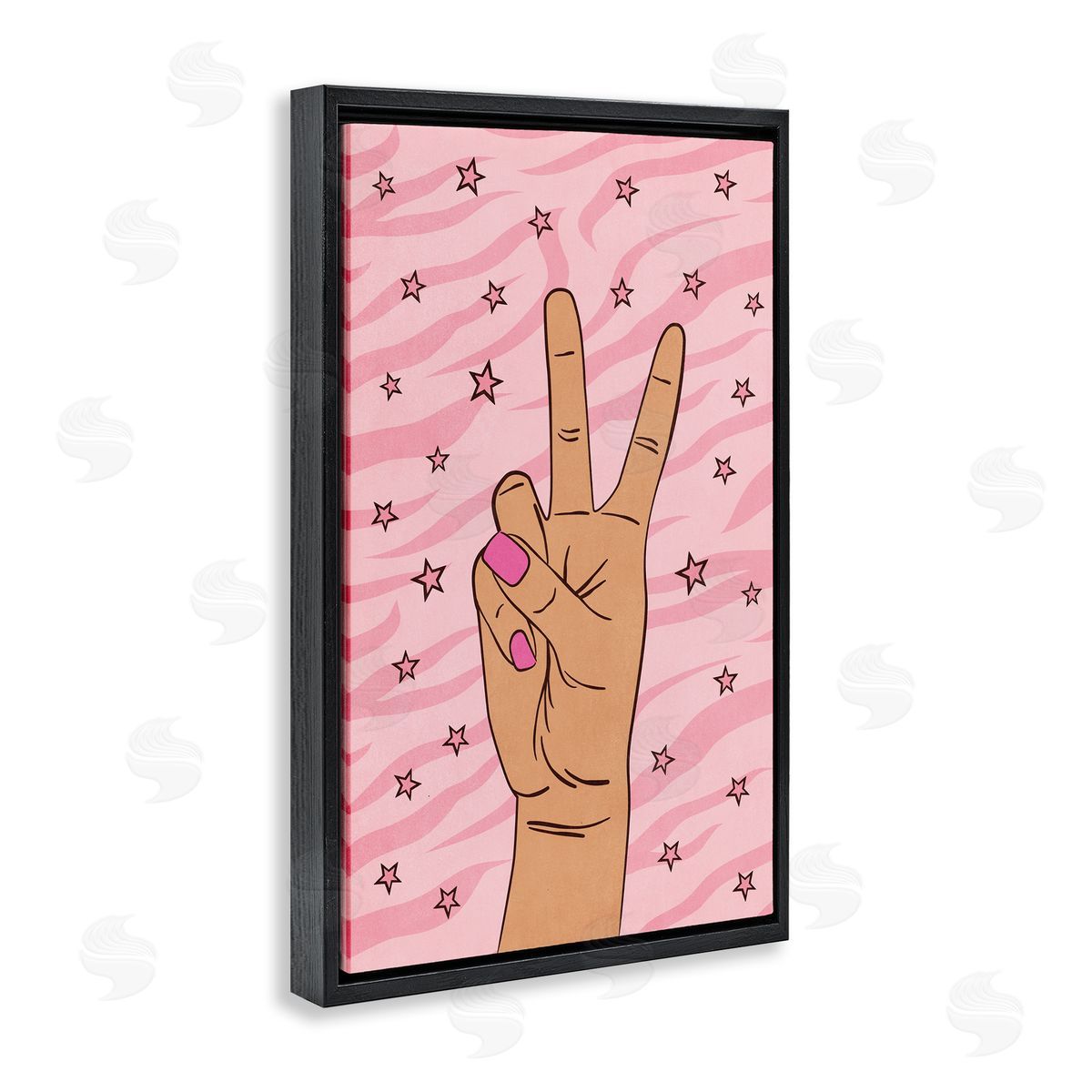 Nataly White Peace Hand & Stars Pattern Black Floating Frame Canvas Wall Art Print