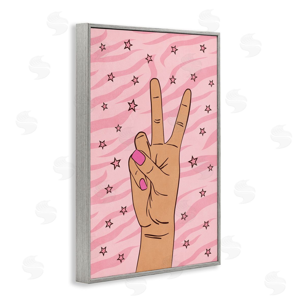 Nataly White Peace Hand & Stars Pattern Gray Framed Giclee Wall Art Print