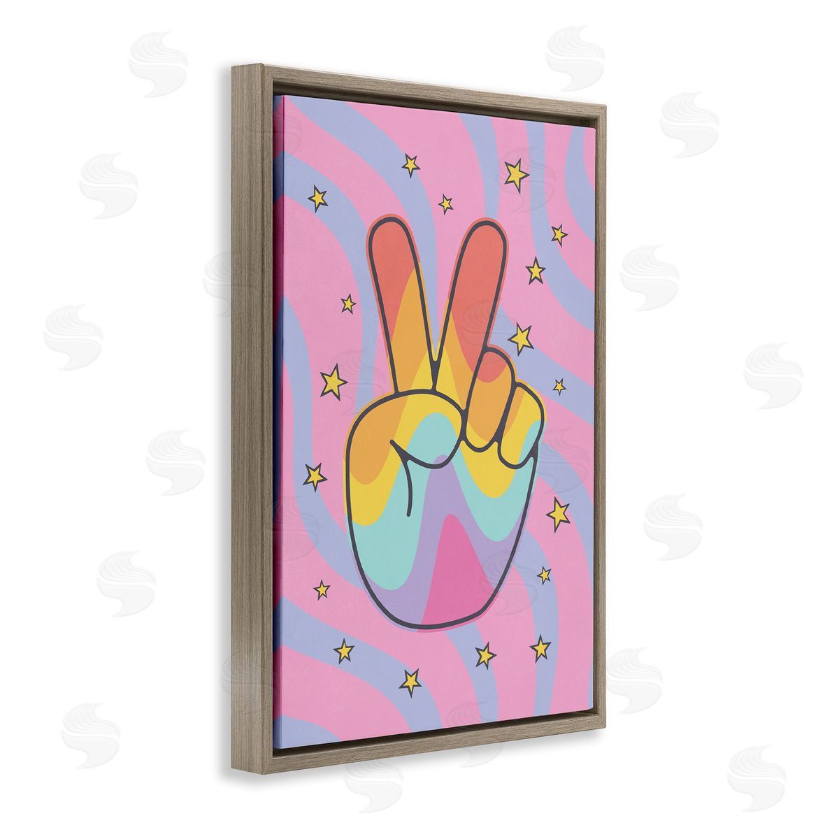 Nataly White Groovy Peace with Patterns Brown Floating Frame Canvas Wall Art Print