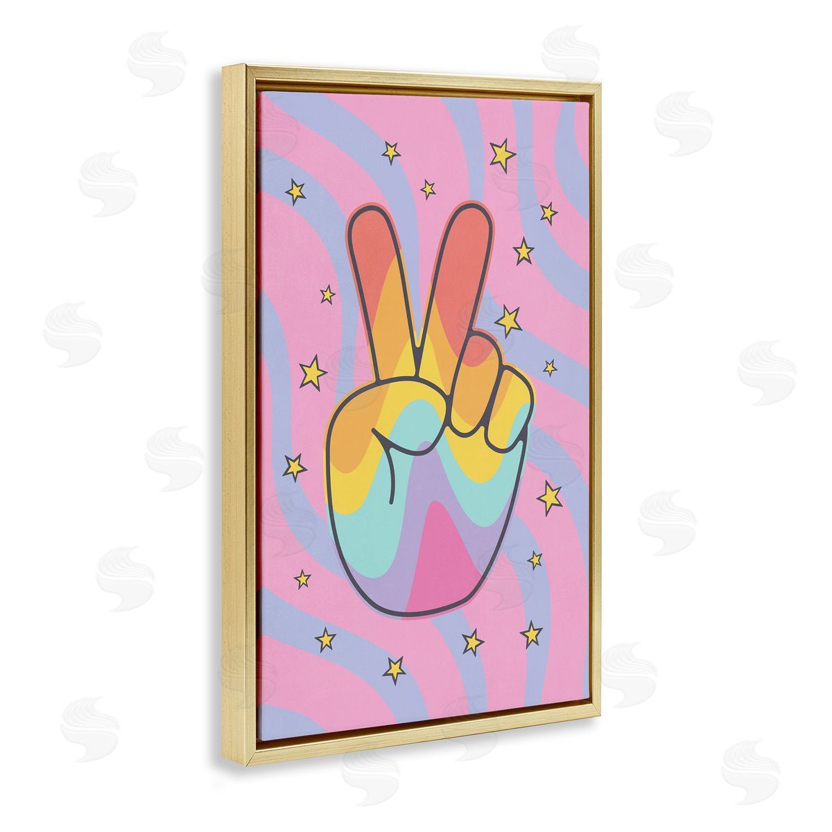Nataly White Groovy Peace with Patterns Gold Floating Frame Canvas Wall Art Print