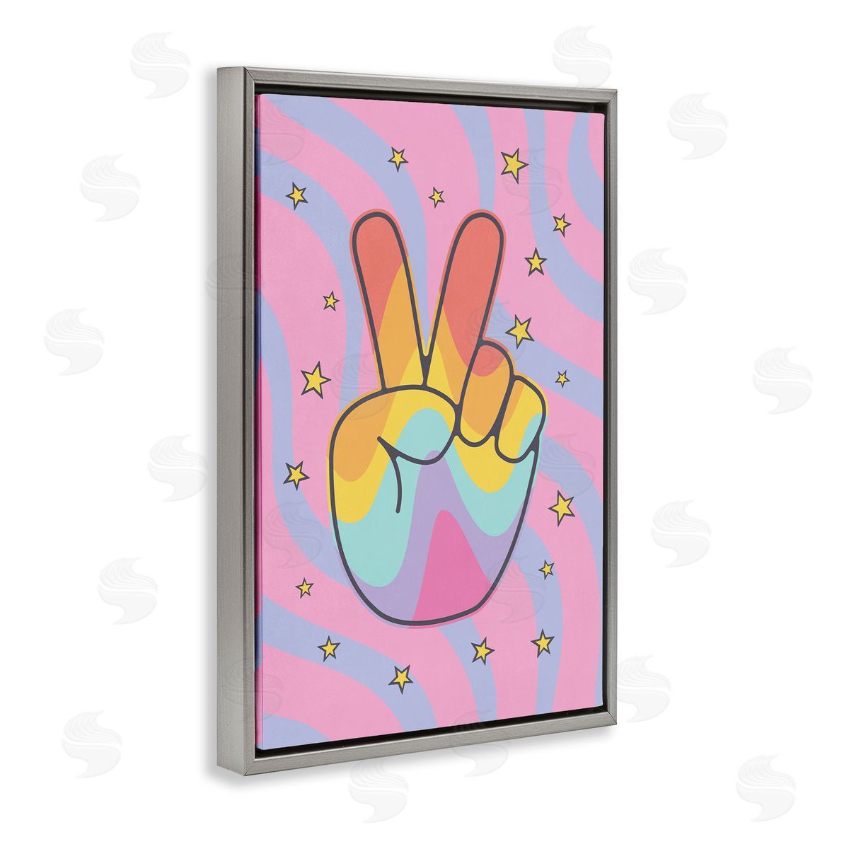 Nataly White Groovy Peace with Patterns Gray Floating Frame Canvas Wall Art Print