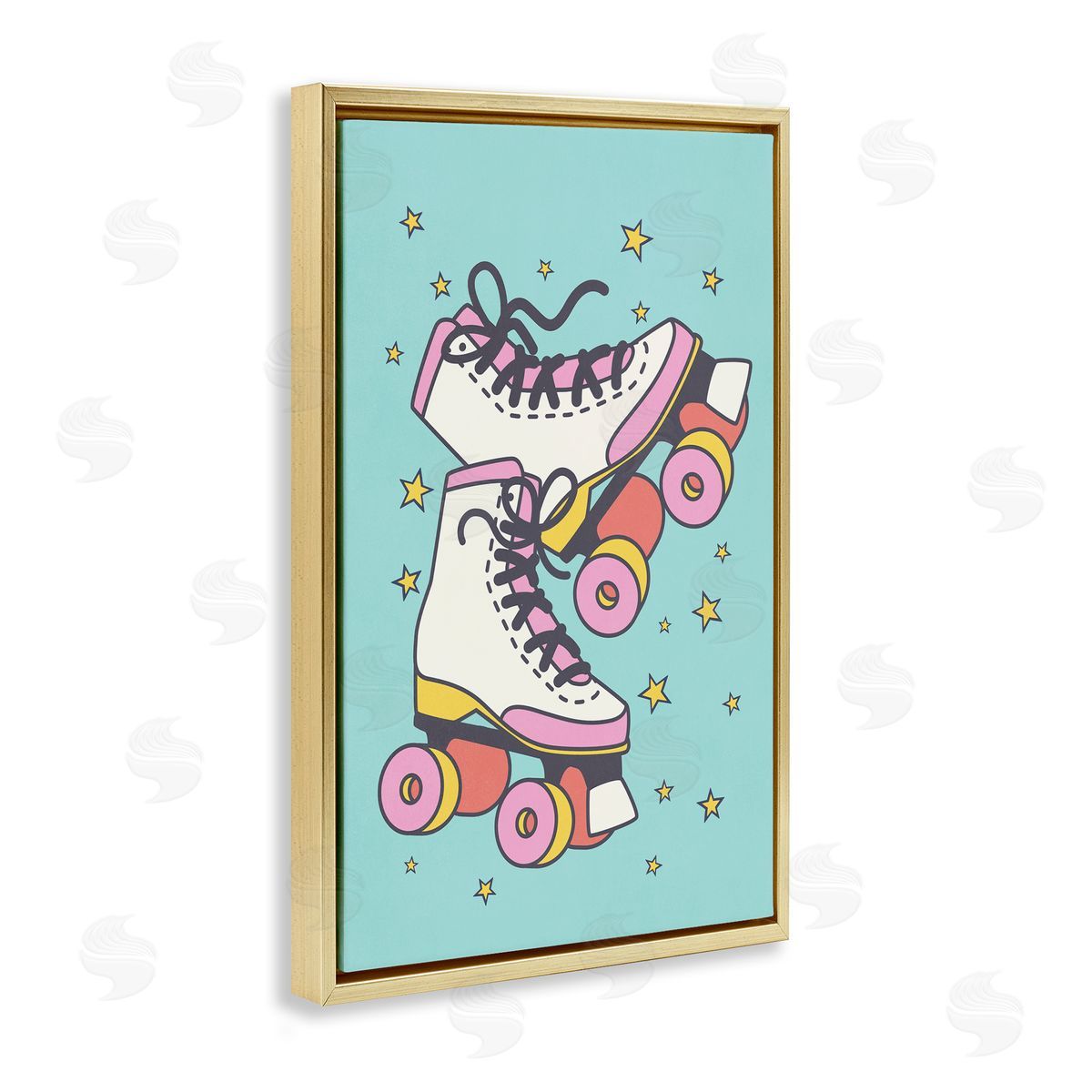Nataly White Vintage Roller Skates Gold Floating Frame Canvas Wall Art Print
