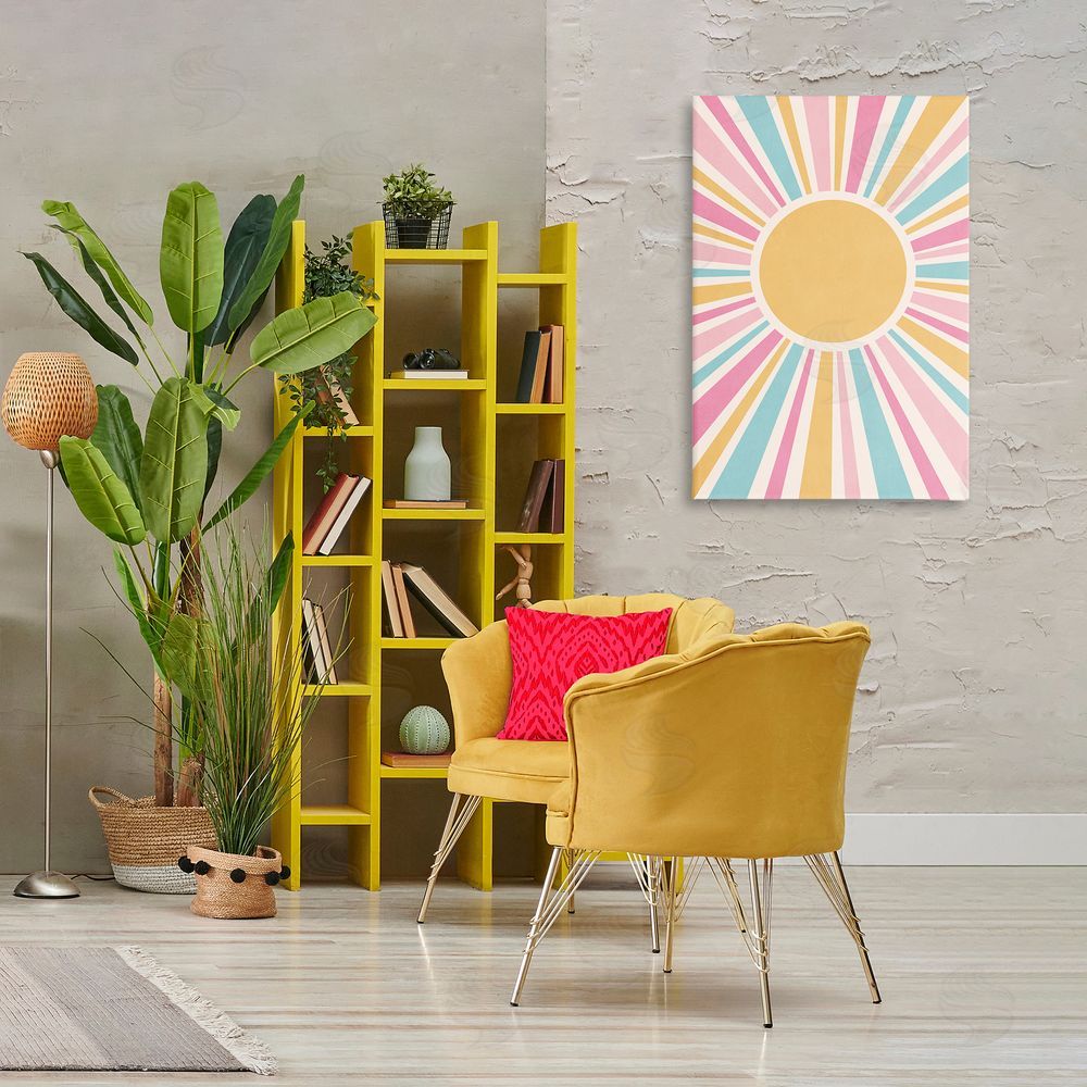 Nataly White Groovy Pastel Sun Rays Canvas Wall Art Print in Room