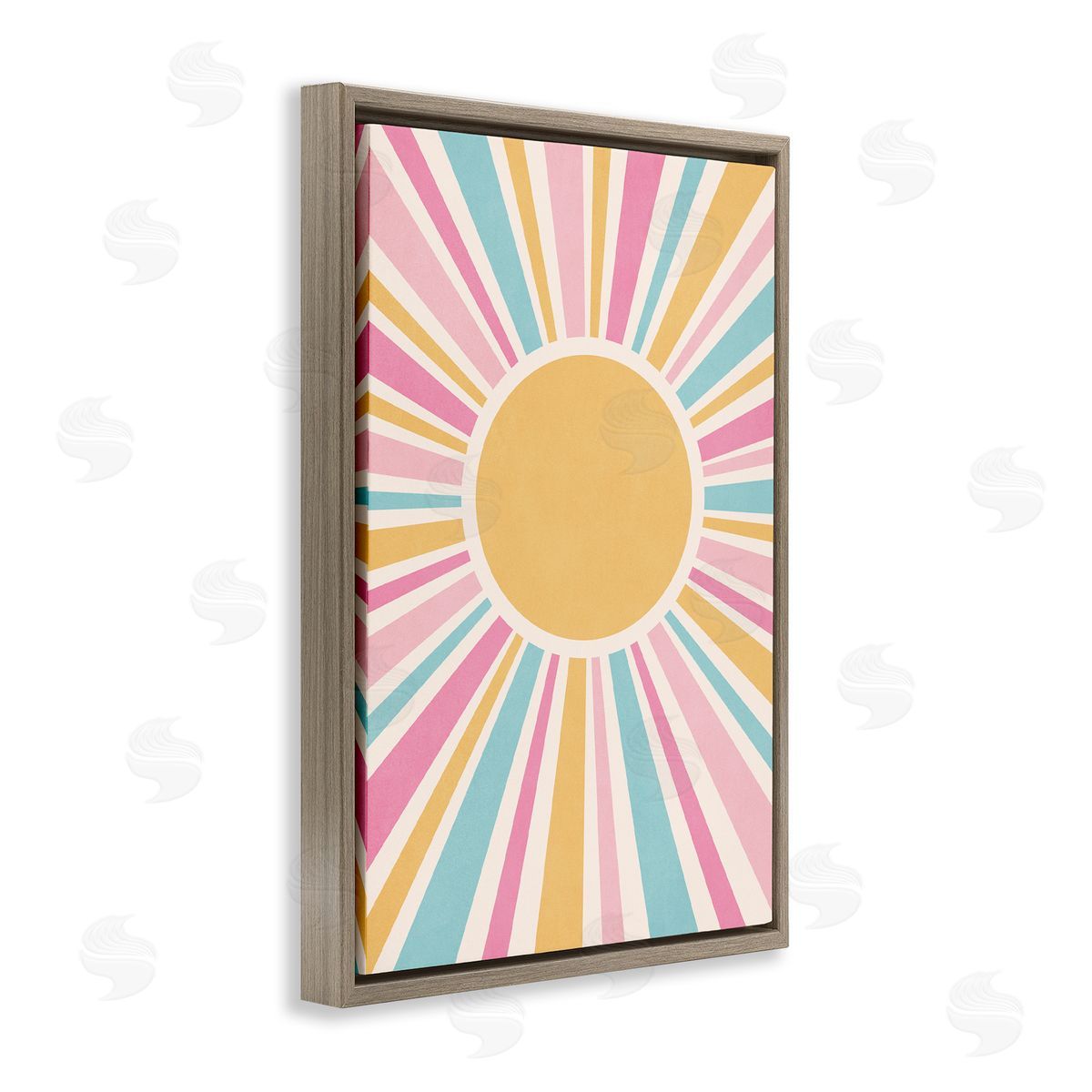 Nataly White Groovy Pastel Sun Rays Brown Floating Frame Canvas Wall Art Print