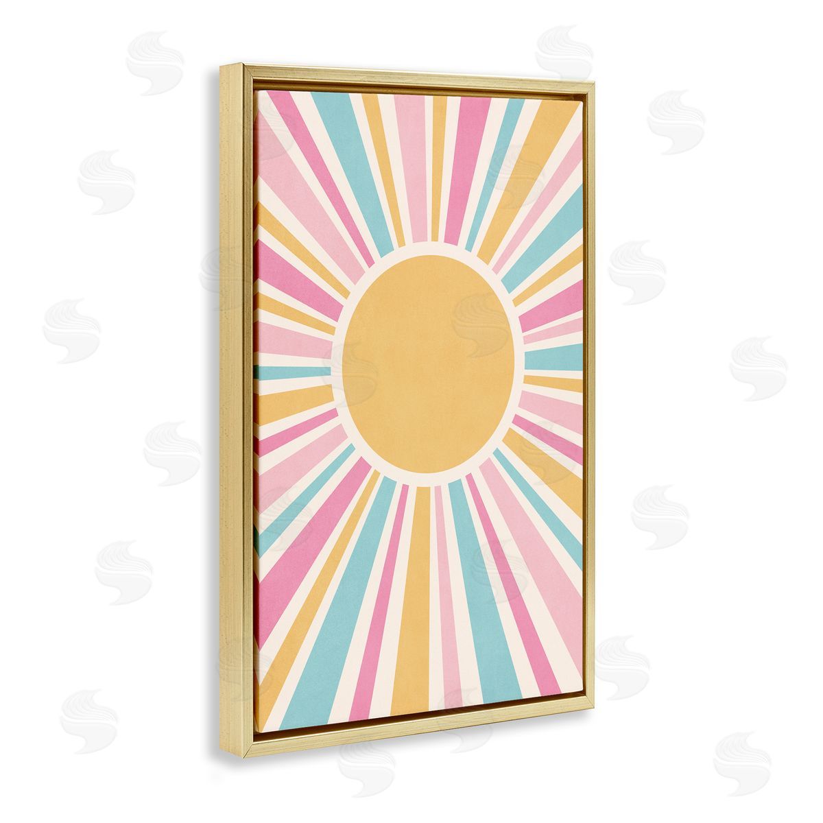 Nataly White Groovy Pastel Sun Rays Gold Floating Frame Canvas Wall Art Print