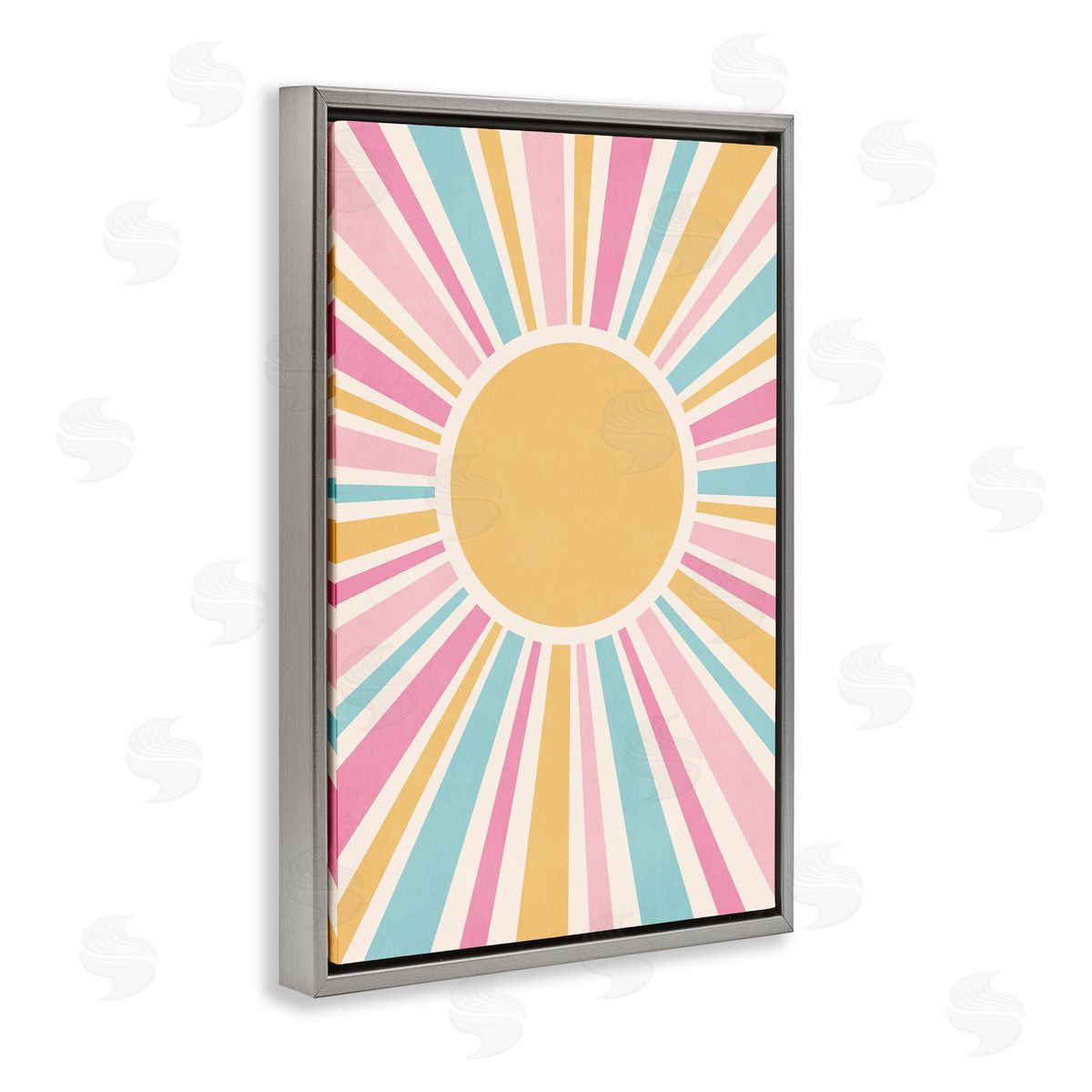 Nataly White Groovy Pastel Sun Rays Gray Floating Frame Canvas Wall Art Print