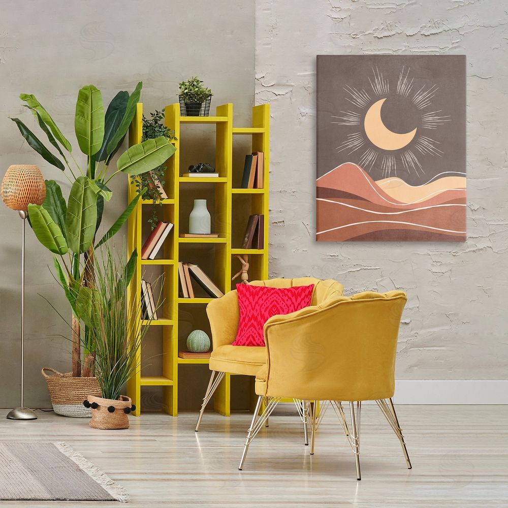 Nataly White Boho Moon over Desert Canvas Wall Art Print in Room