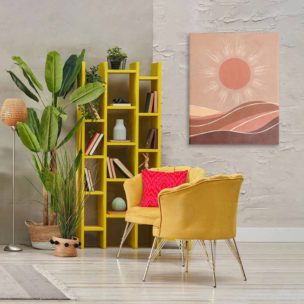Nataly White Boho Sun over Desert Canvas Wall Art Print in Room