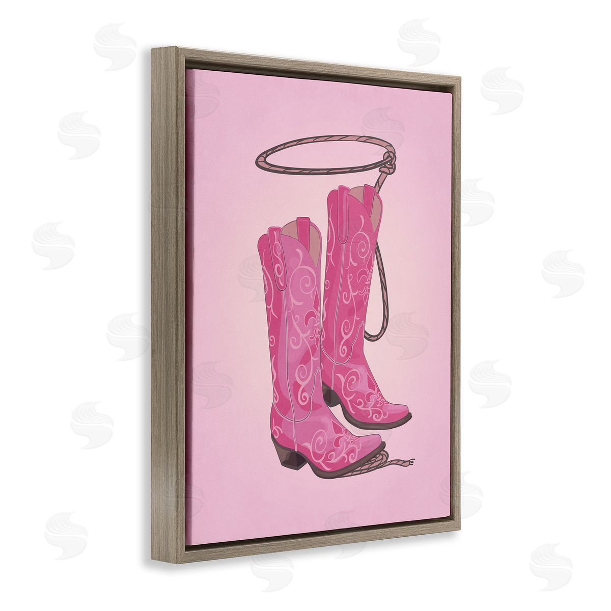 Nataly White Cowgirl Boots & Lasso Brown Floating Frame Canvas Wall Art Print