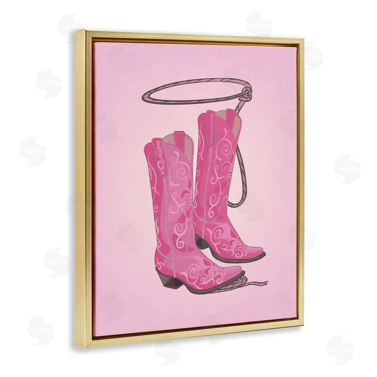 Nataly White Cowgirl Boots & Lasso Gold Floating Frame Canvas Wall Art Print