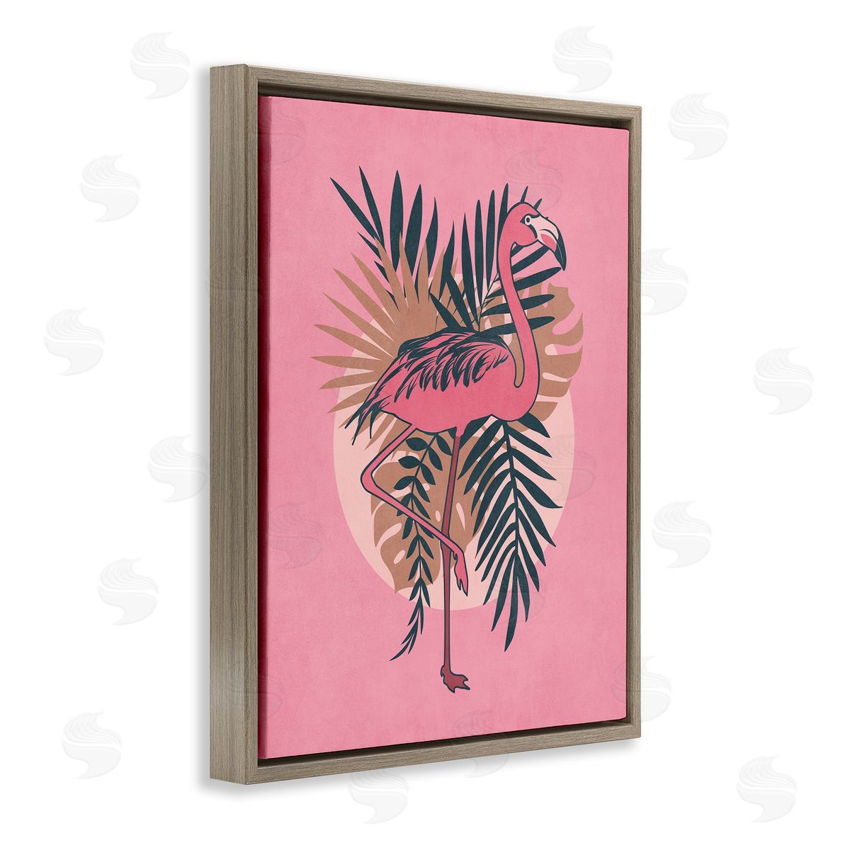 Nataly White Pink Retro Flamingo Brown Floating Frame Canvas Wall Art Print