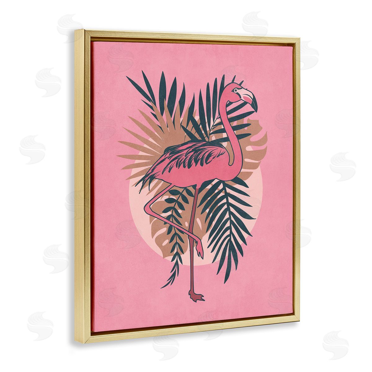Nataly White Pink Retro Flamingo Gold Floating Frame Canvas Wall Art Print