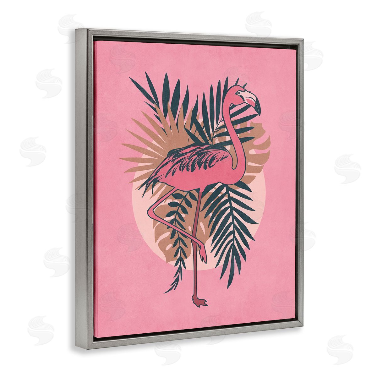 Nataly White Pink Retro Flamingo Gray Floating Frame Canvas Wall Art Print