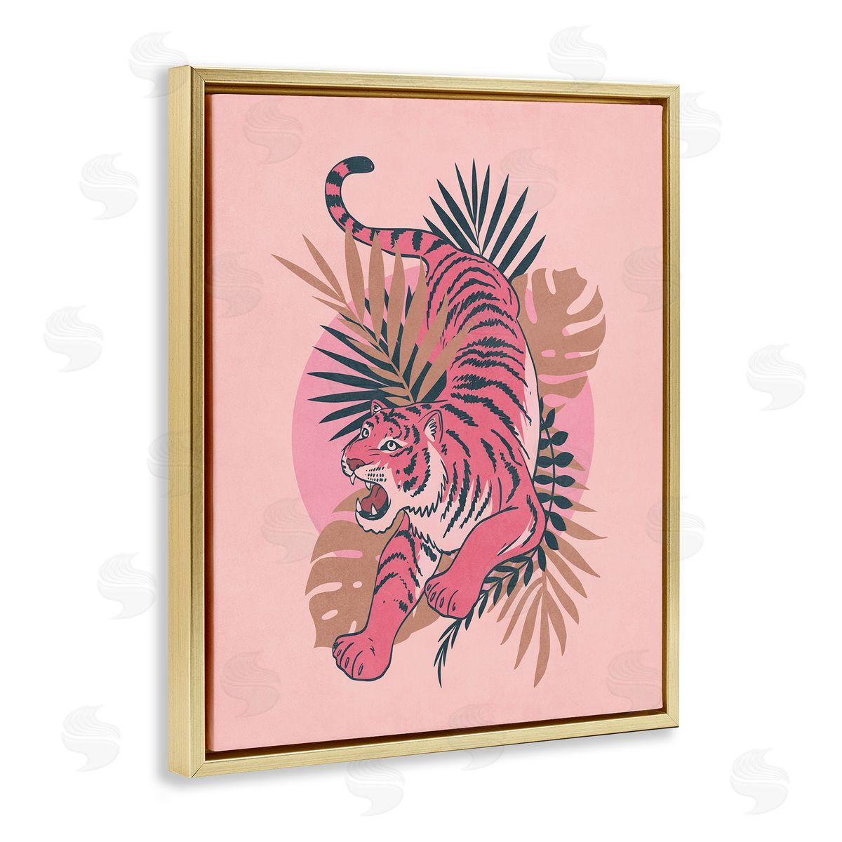 Nataly White Muted Retro Tiger Gold Floating Frame Canvas Wall Art Print