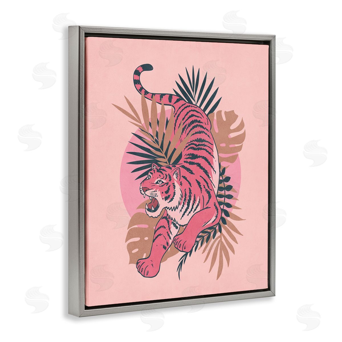 Nataly White Muted Retro Tiger Gray Floating Frame Canvas Wall Art Print