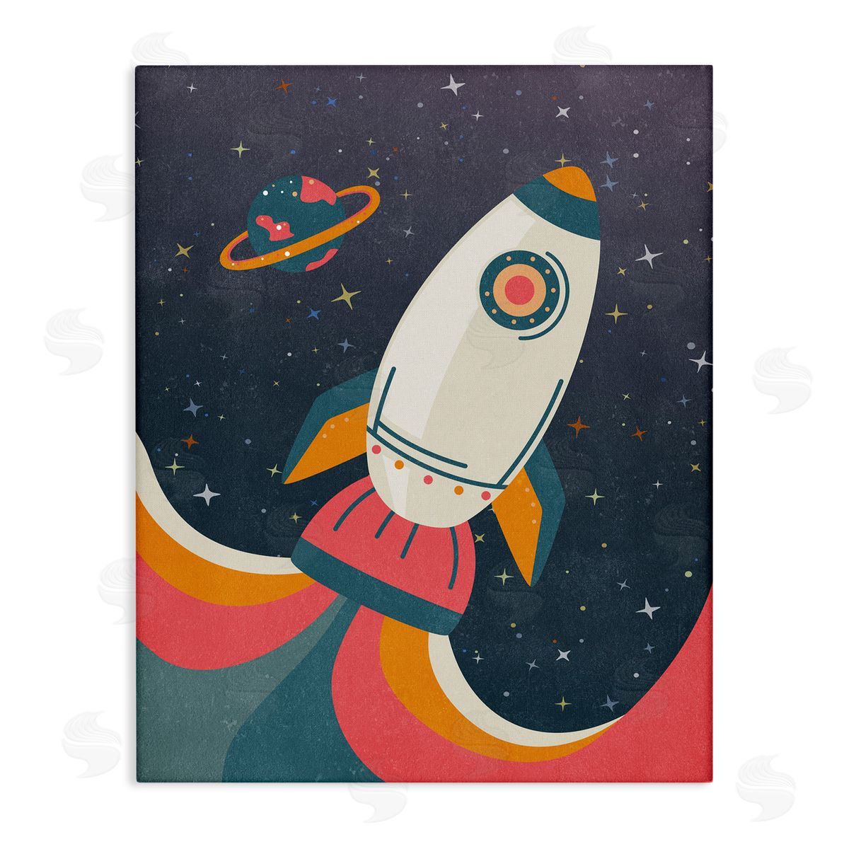 Nataly White Retro Space Rocket Canvas Wall Art Print