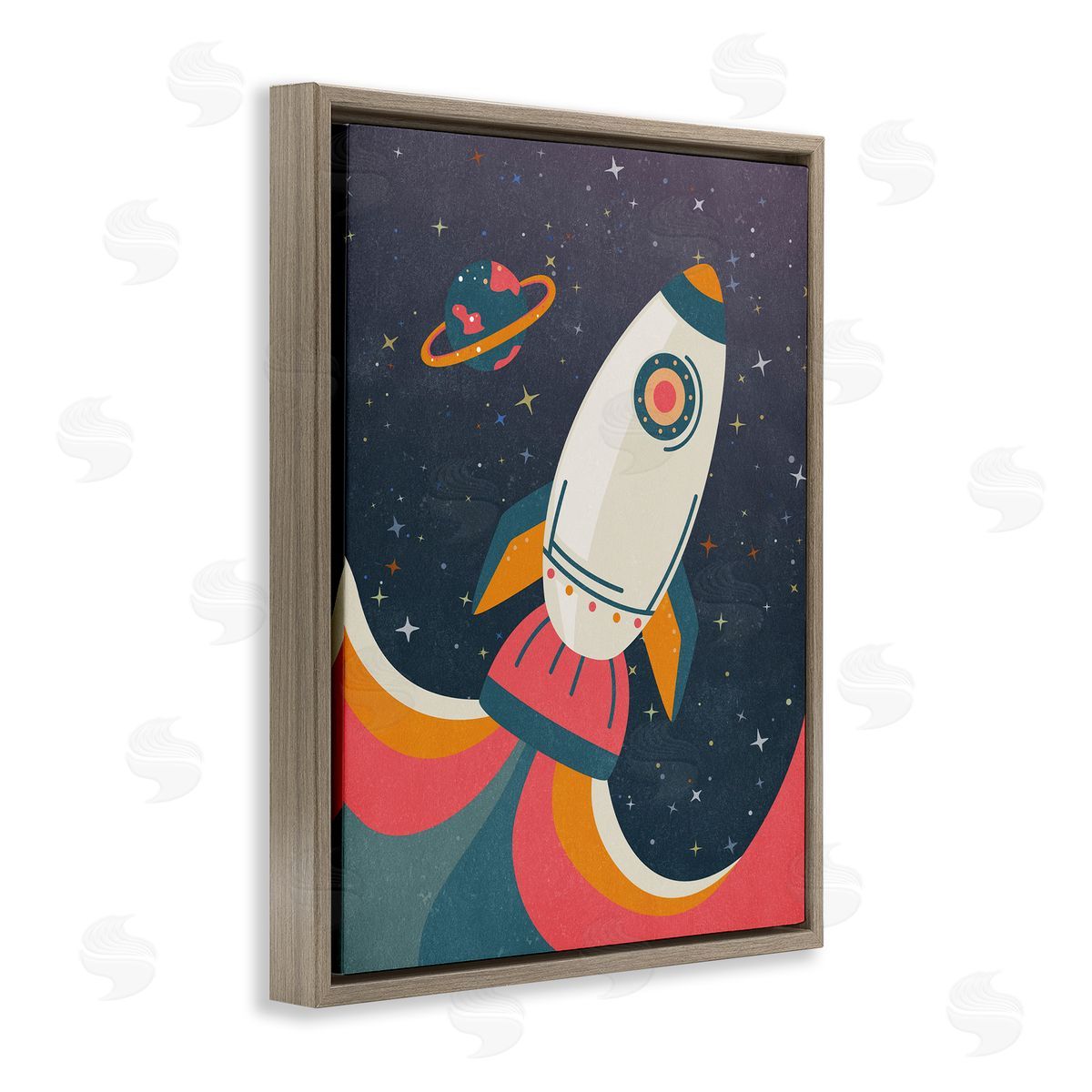 Nataly White Retro Space Rocket Brown Floating Frame Canvas Wall Art Print