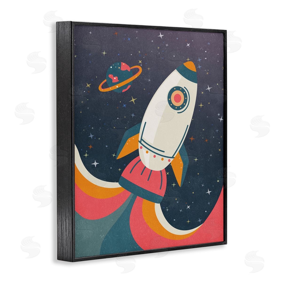 Nataly White Retro Space Rocket Black Framed Giclee Wall Art Print