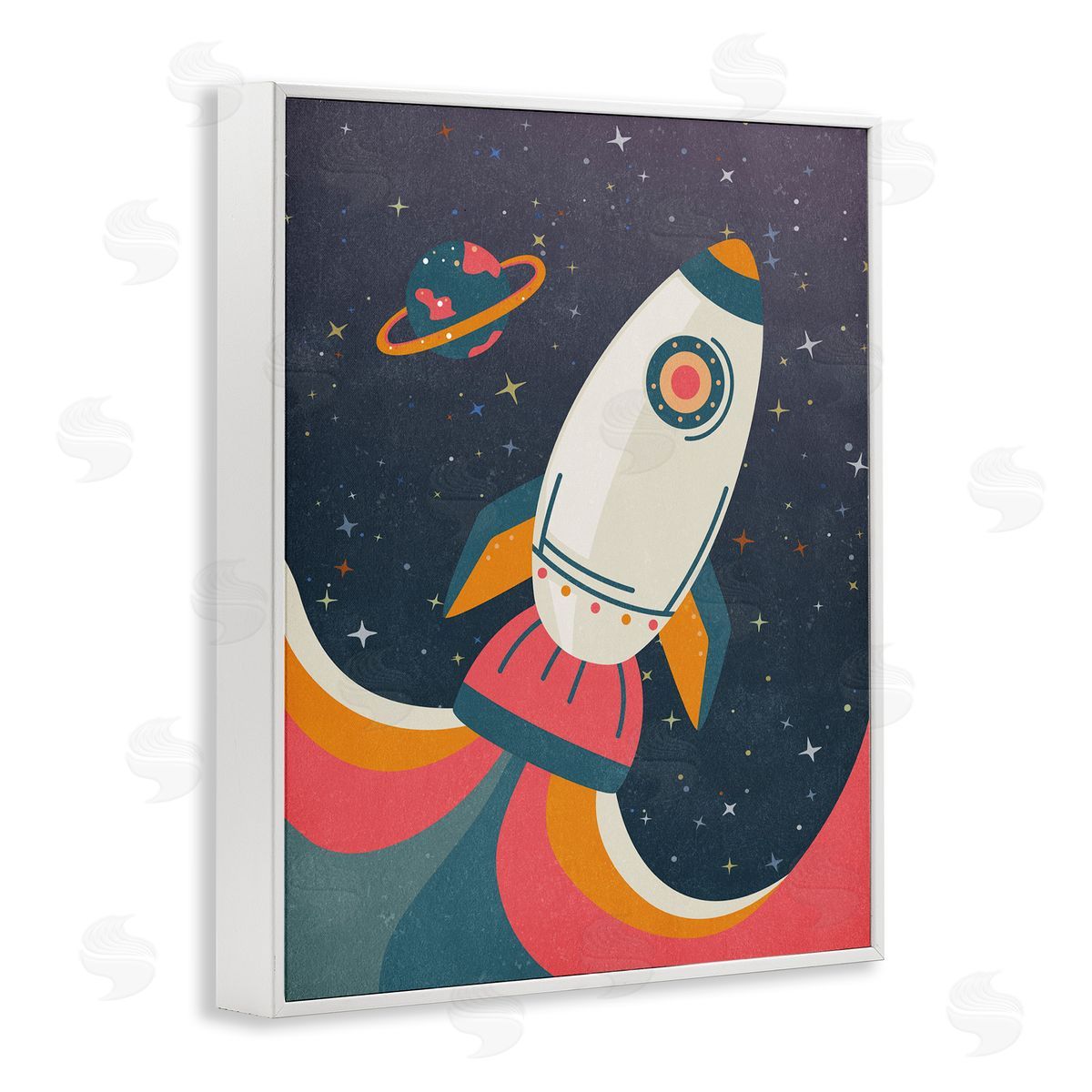 Nataly White Retro Space Rocket White Framed Giclee Wall Art Print